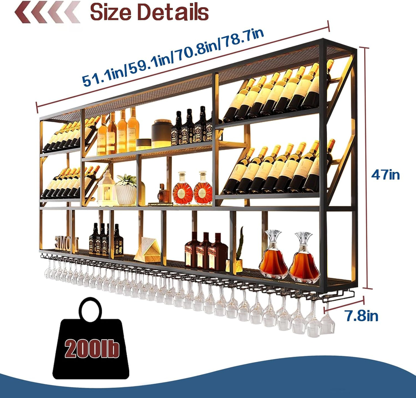 78.7Inch Wall Mounted Wine Rack, 3 Tiers Large Bar Shelves with 21 Glass Holder, Metal Wine Bottle Display Shelf, Modern Iron Liquor Shelf, for Kitchen Dining, Home Bar, Cellar (78.7" W)