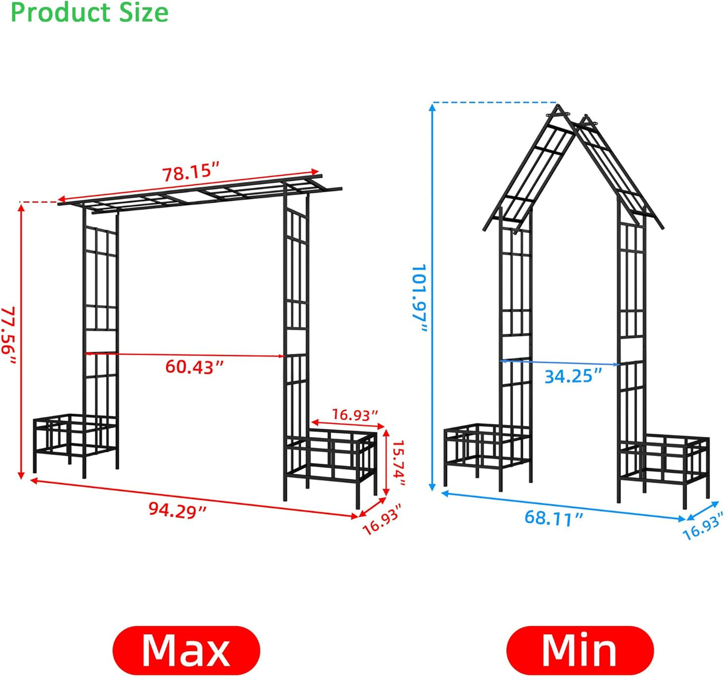 Metal Garden Arch with Plant Box Adjustable Width W68.11'' ~W94.29'' Garden Trellis Climbing Plants Support Rose Arch Outdoor Wedding Party Events Archway,Black