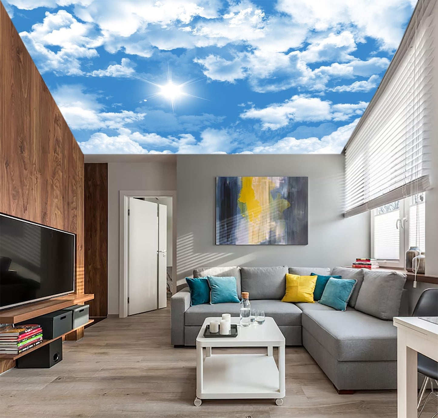 AFZEVEB-Ceiling Mural Blue Sky White Clouds Wallpaper for Living Room 114"x74"(Not Peel and Stick)