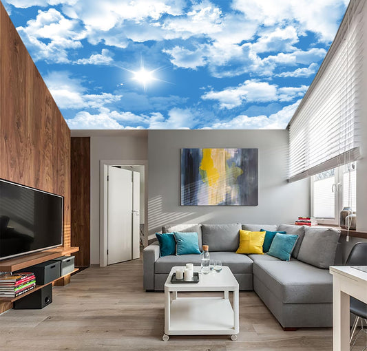 AFZEVEB-Ceiling Mural Blue Sky White Clouds Wallpaper for Living Room 114"x74"(Not Peel and Stick)