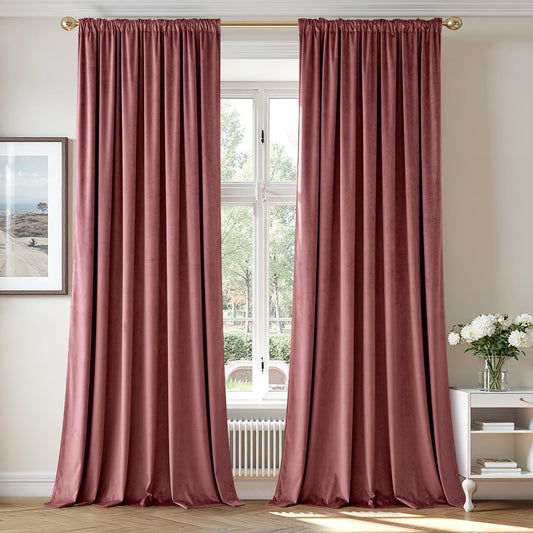 MIULEE Dusty Rose Pink Velvet Curtains 96 Inches Long, Thermal Insulated Blackout Drapes for Bedroom Living Room Patio Door, Light Blocking Window Panels, Rod Pocket, Set of 2 W66 x L84
