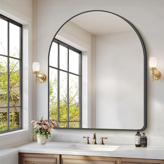 Arched Bathroom Mirror, 36"x48" Black Arched Mirror for Bathroom, Wall Mounted Mirror, Black Vanity Wall Mirror w/Metal Frame for Bedroom, Entryway, Living Room, Vertically Hanging