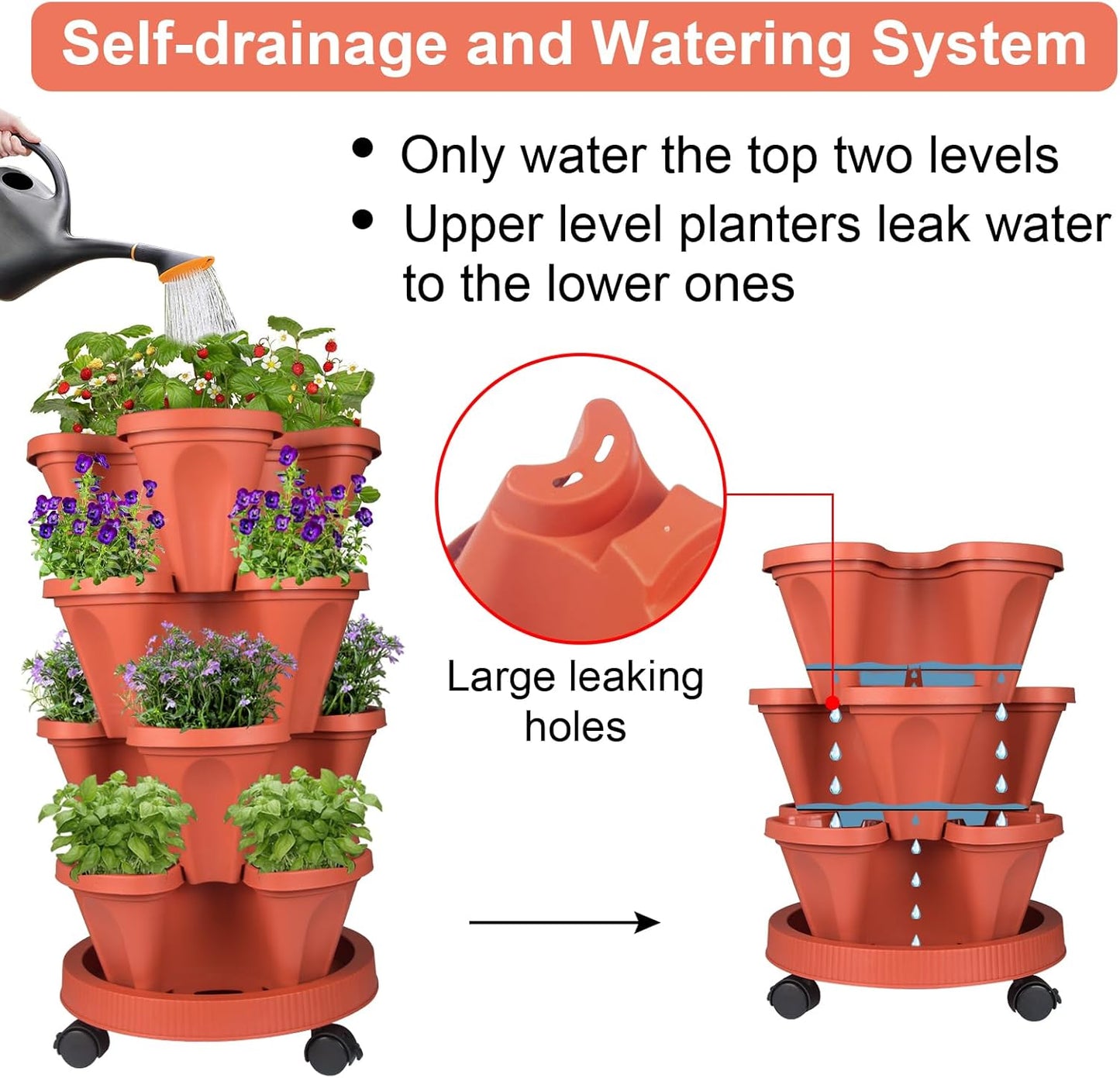Vertical Planter 4 Tier Stackable Planters Garden Planters Strawberry Herb Flower and Vegetable Planter Indoor Outdoor Gardening Pots with Removable Wheels and Tools 2-Pack