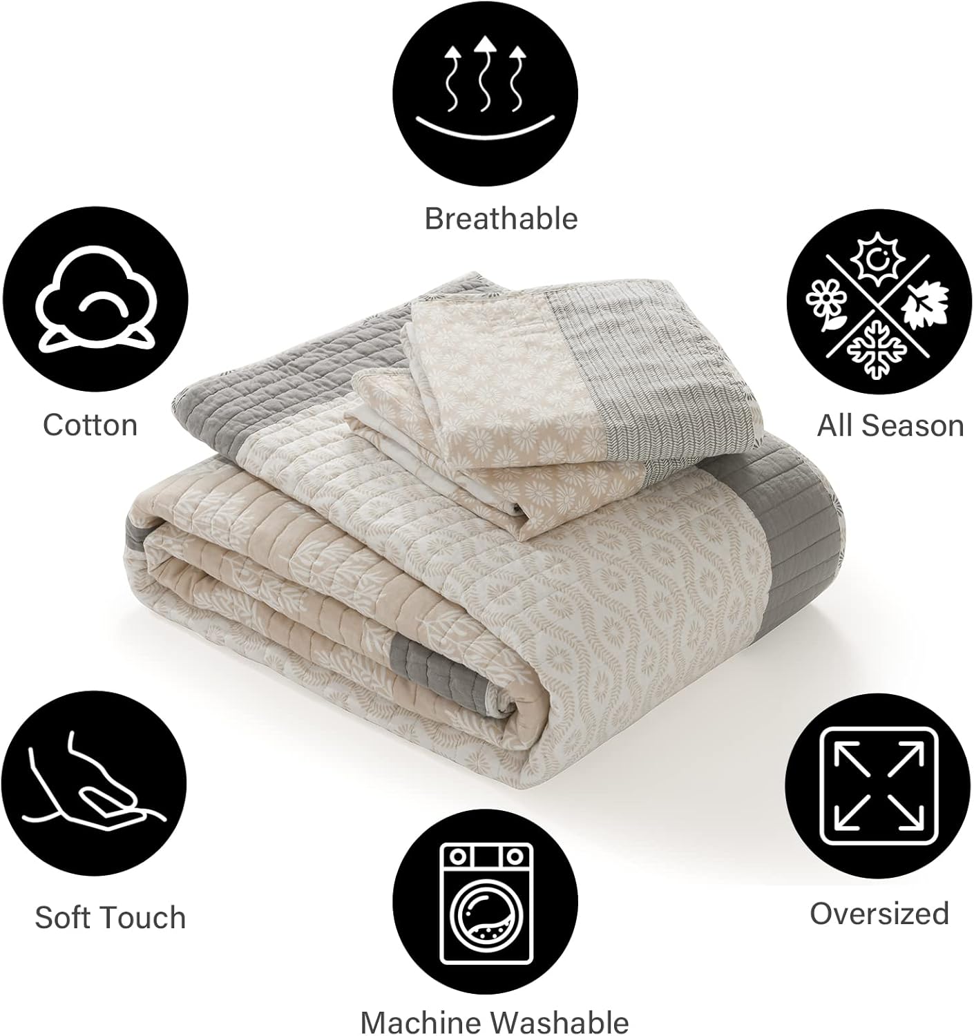 PANGUSHAN Quilt Set Queen Size, 100% Cotton Bedspread Quilt Bedding Set, Floral Patchwork Quilt Set for Queen Bed, Moonbeam Bed Spread, Lightweight Comforter Reversible Quilt, All Season, 3 Pieces