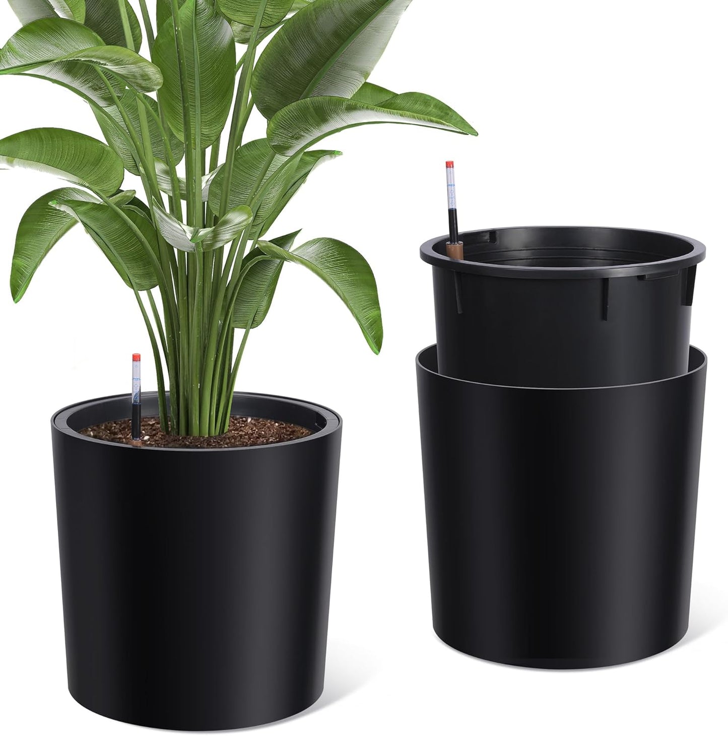 Tall Round Planter Set of 2, 19.5‘’ H x 19.9" Dia Large Planters for Indoor Plants with Built-in Drainage and a Water Level Monitor and Wheels for Patio, Porch, Living Room, or Home Office, Black