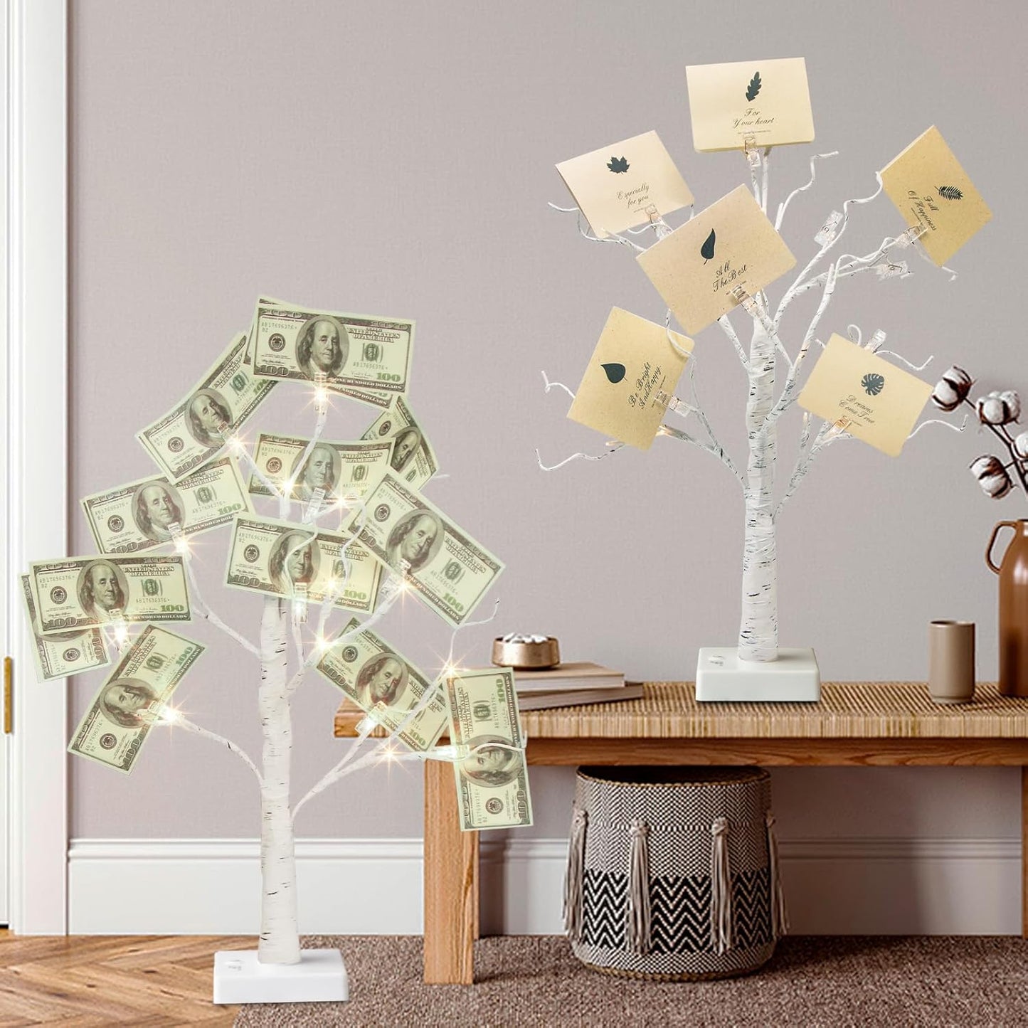 EAMBRITE Money Tree Gift Holder, Lighted Birch Tree 2FT 24LED, Battery/USB Powered Timer Light Up Display Twig Gift Card Tree with 6 Clear Clips and 6 Cards for Home Christmas Graduation Photo Memo