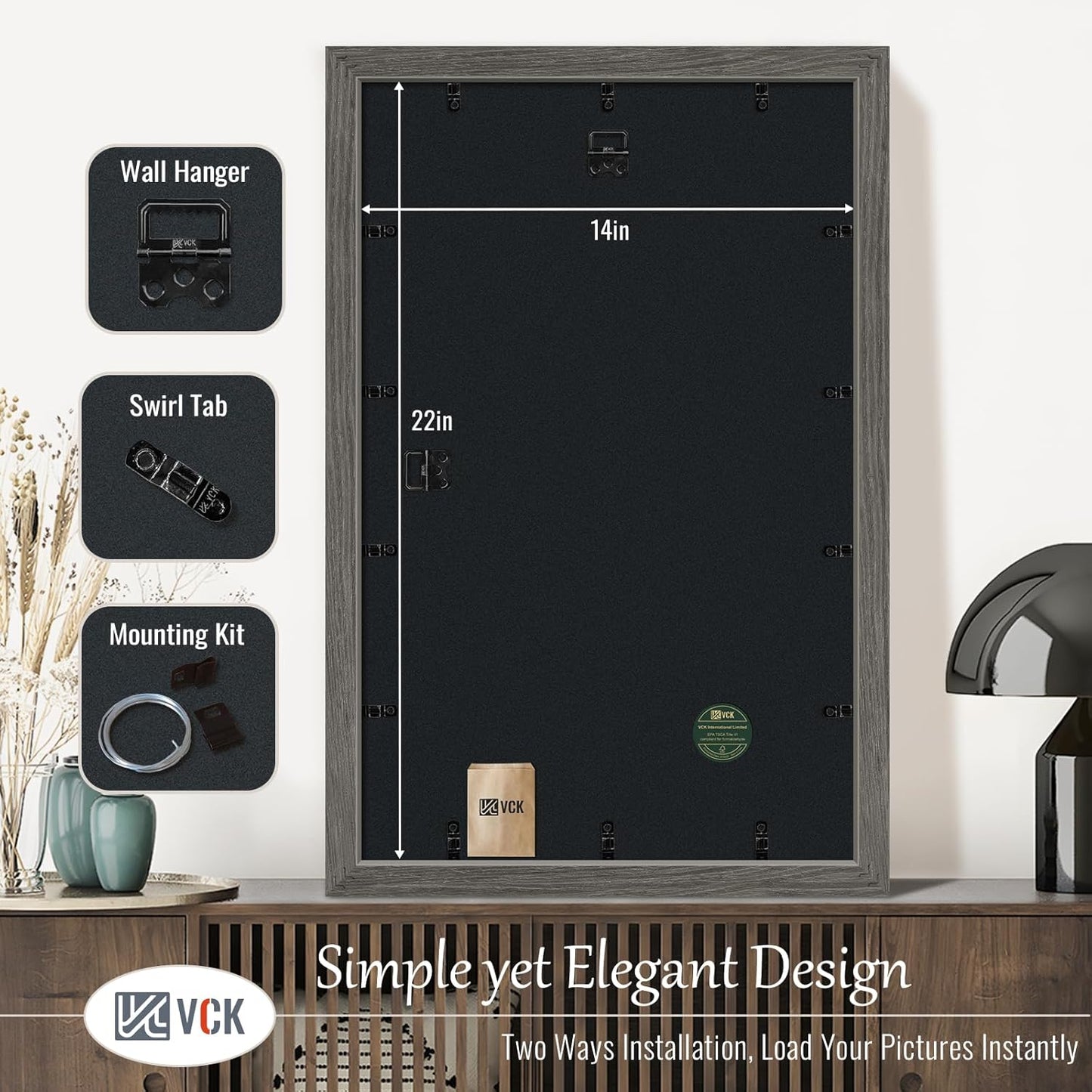 VCK 14x22 Picture Frame Set of 3, Gray Solid Wood Poster Picture Frame, Exclusive Wood Grain, Wall Mounting Hanging