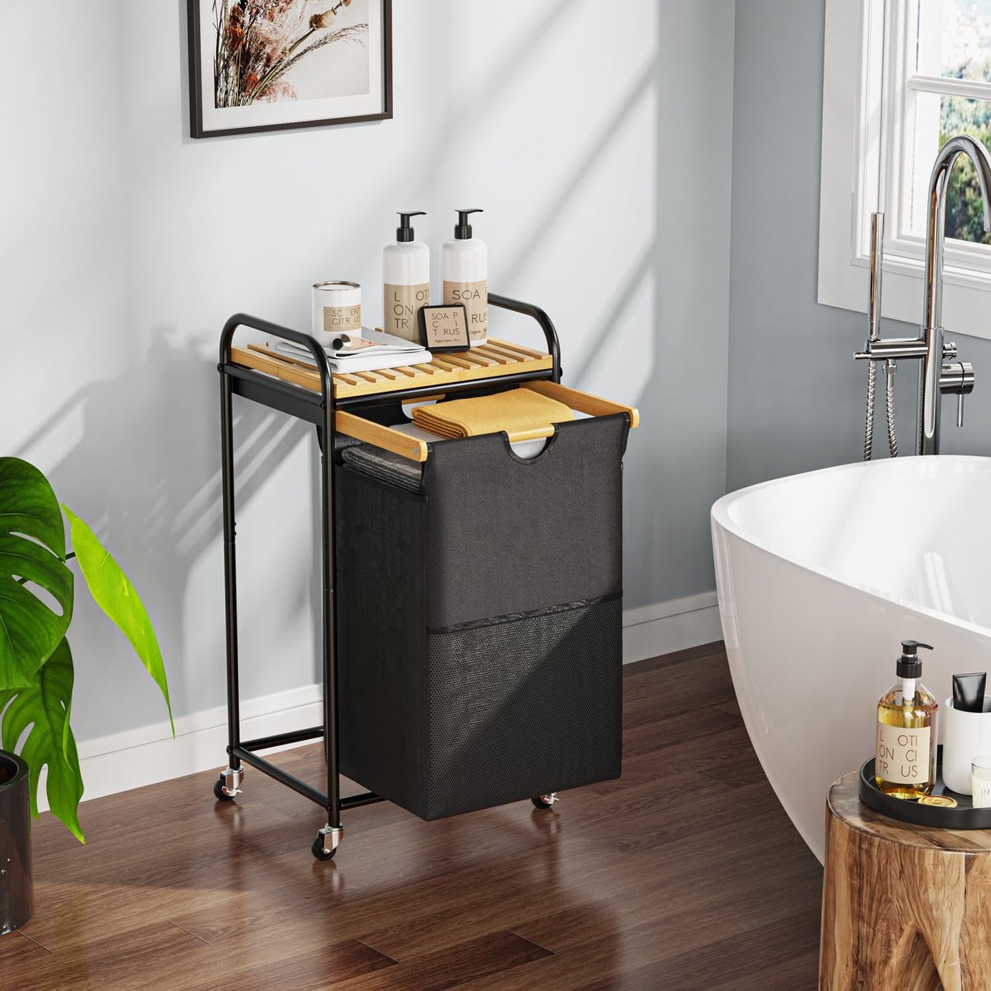 Laundry Hampers 1 Section, Laundry Sorter with Removable Shelf and Pull-Out Bags, Clothes Hampers with Wheels Rolling Cart Basket for Laundry Room Bathroom, 50 L (Black)