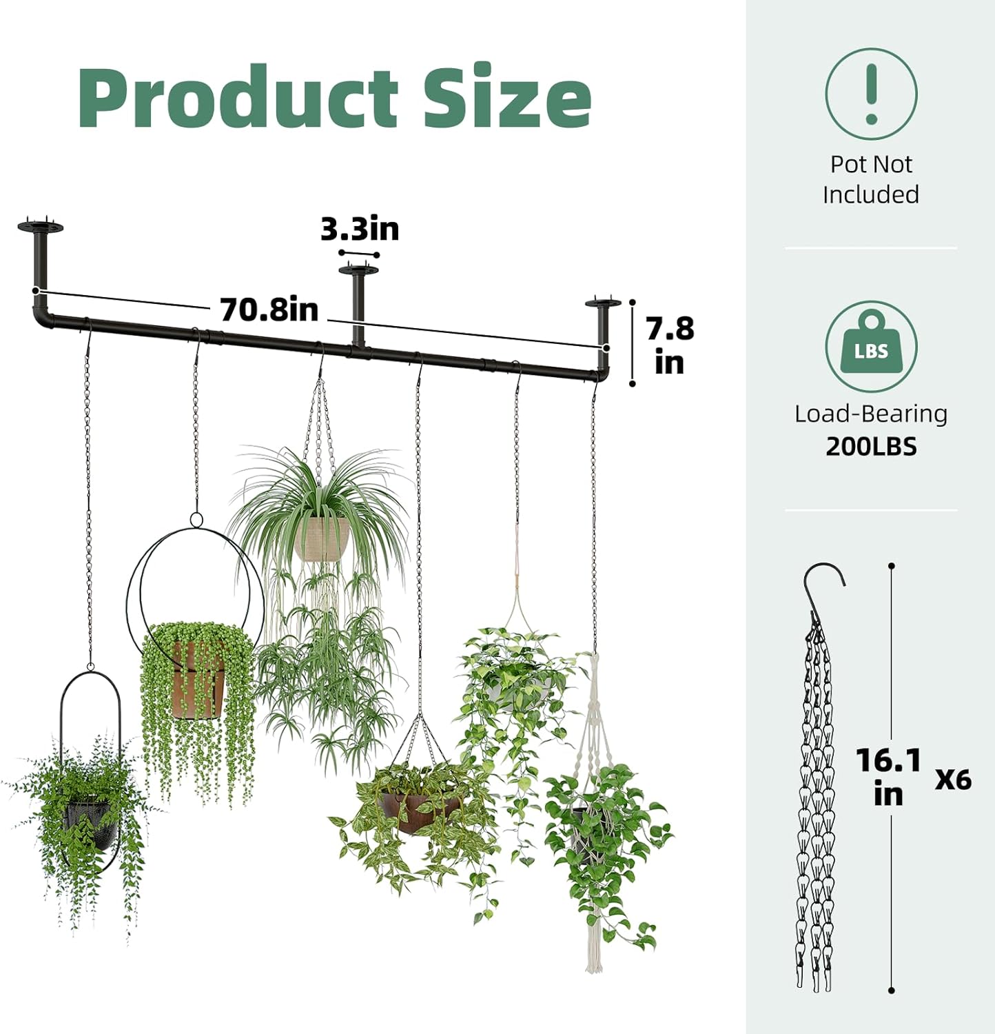 Plant Hanger Indoor with 6 Hanging Chains Hanging Planters for Indoor Plants Hanging Plant Holder Window Plant Rod Black Metal Shelves(70.8 Inch Pot not Included