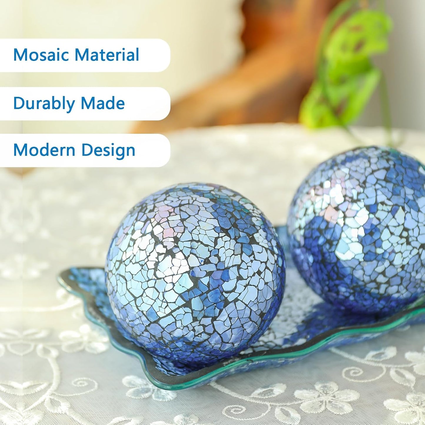 VCUTEKA Decorative Balls and Glass Bowl, 4 Inch Mosaic Sphere Balls Centerpiece Balls for Coffee Table, Home Decor, Wedding Party Decor, Blue