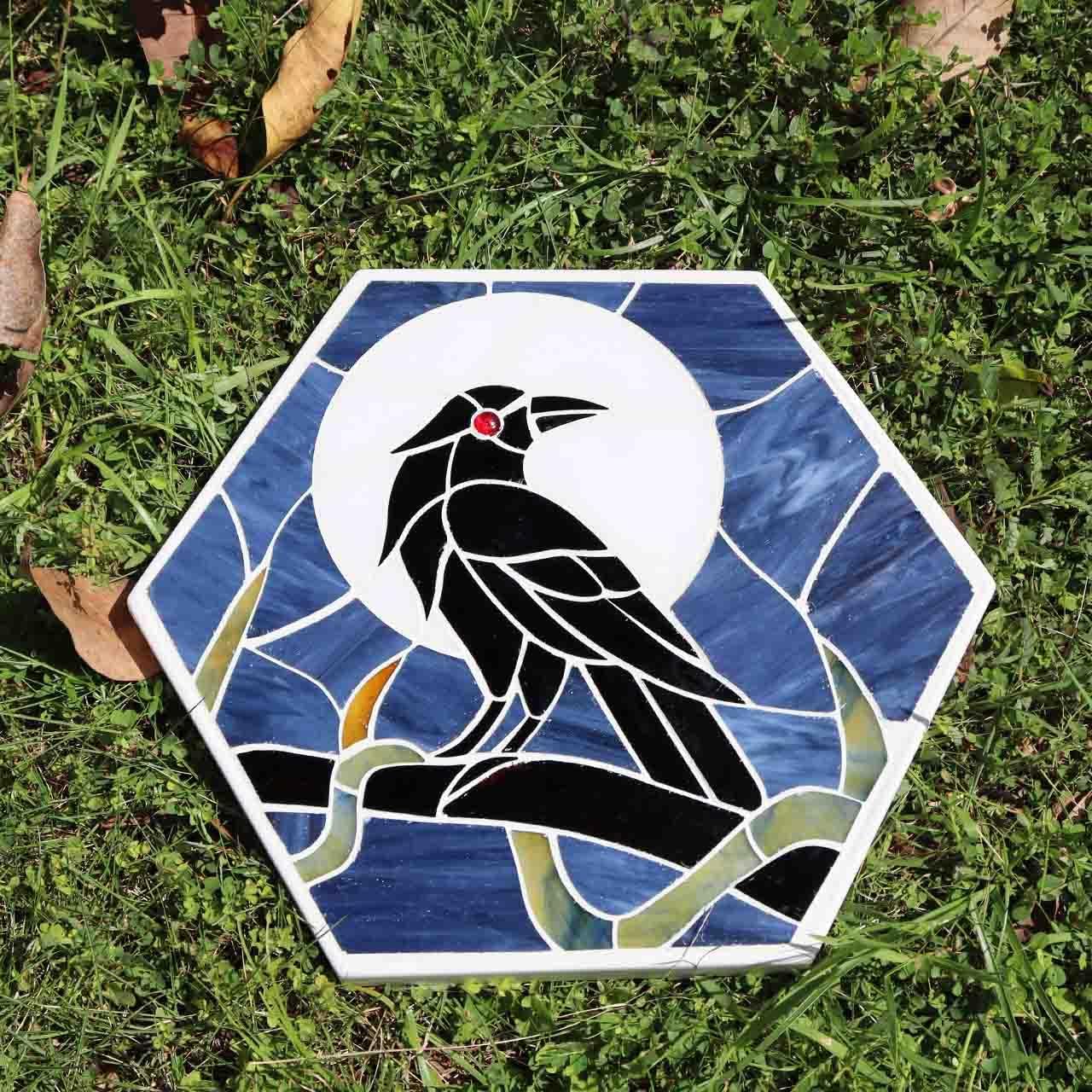 Bieye MSS004 Tiffany Style Stained Glass Mosaic Decorative Stepping Stone for Garden Decor (Raven, 13" Hexagonal)