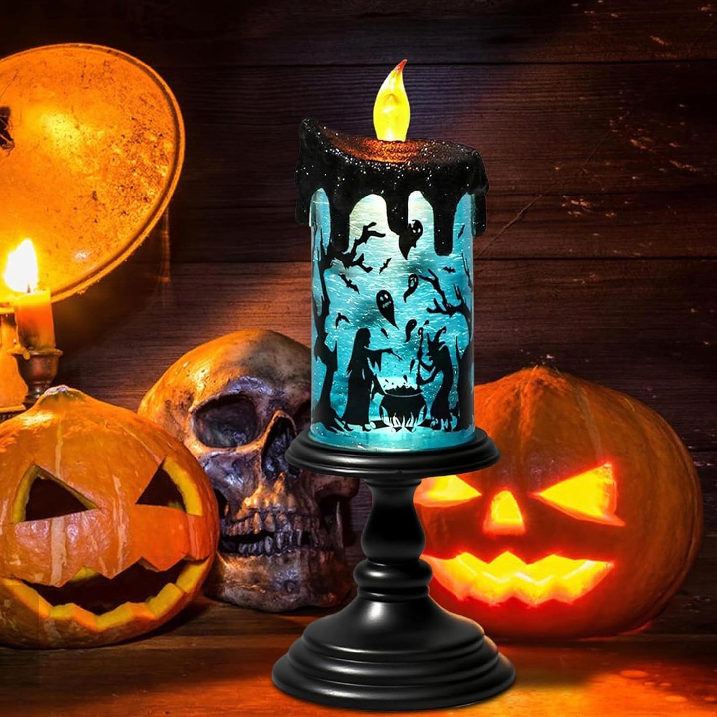 Eldnacele Halloween Snow Globe Flameless Candle with Timer, Battery Operated Spooky Spinning Water Glittering Tornado Lamp LED Candlestick Table Fireplace Witch Decal Halloween Holiday Decoration