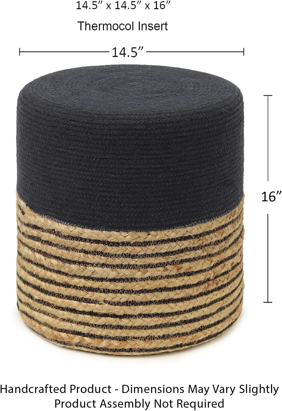 REDEARTH · Cylindrical Pouf Ottoman - Braided Pouffe Accent Sitting Round Footrest for Living Room, Bedroom, Nursery, kidsroom, Patio ; 70% Cotton 30% Jute, Set of 2 (14.5x14.5x16; Black Natural)