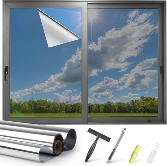 Kromapolis One Way Window Privacy Film Reflective Mirror Home Window Tint, Daytime Privacy Heat Control Anti UV Glass Tinting Static Cling (Silver, 29.5 x 118.1 inch)