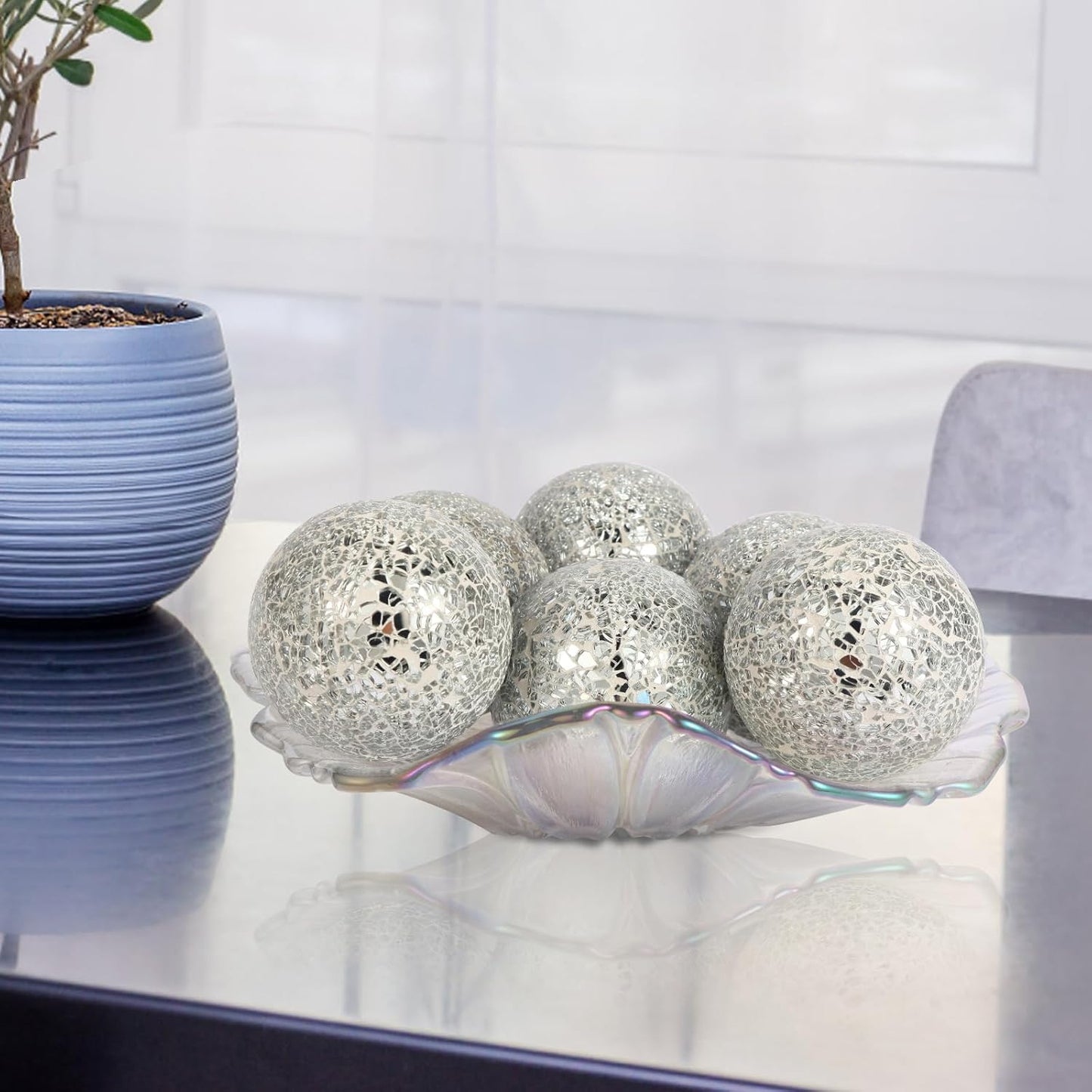 6Pcs Decorative Ball for Bowls, 8cm/3.15inch Mosaic Glass Centerpiece Decoration Balls Mirror Glass Ball Fillers for Home Decor Dining Tables Wedding Party (Sliver)
