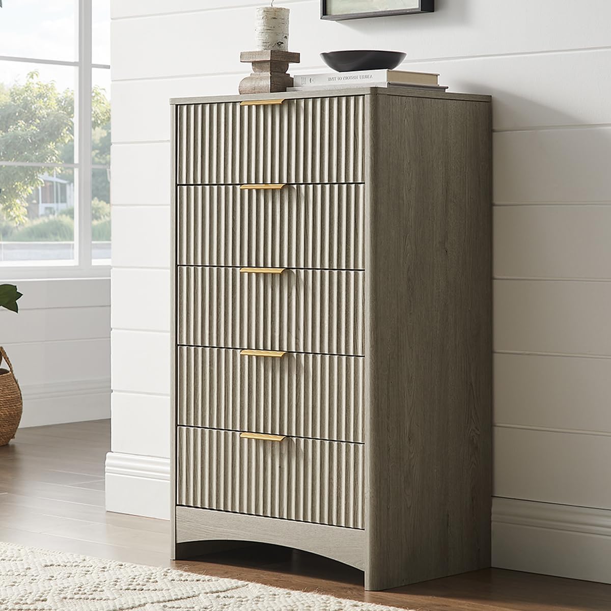 Pipishell Dresser for Bedroom, Fluted 5 Drawers Dresser, 40" Tall Modern Chest of Drawer with Round Edge & Pre-Installed Drawer Slides, Natural Wood Drawer Organizer for Bedroom, Hallway, Gray