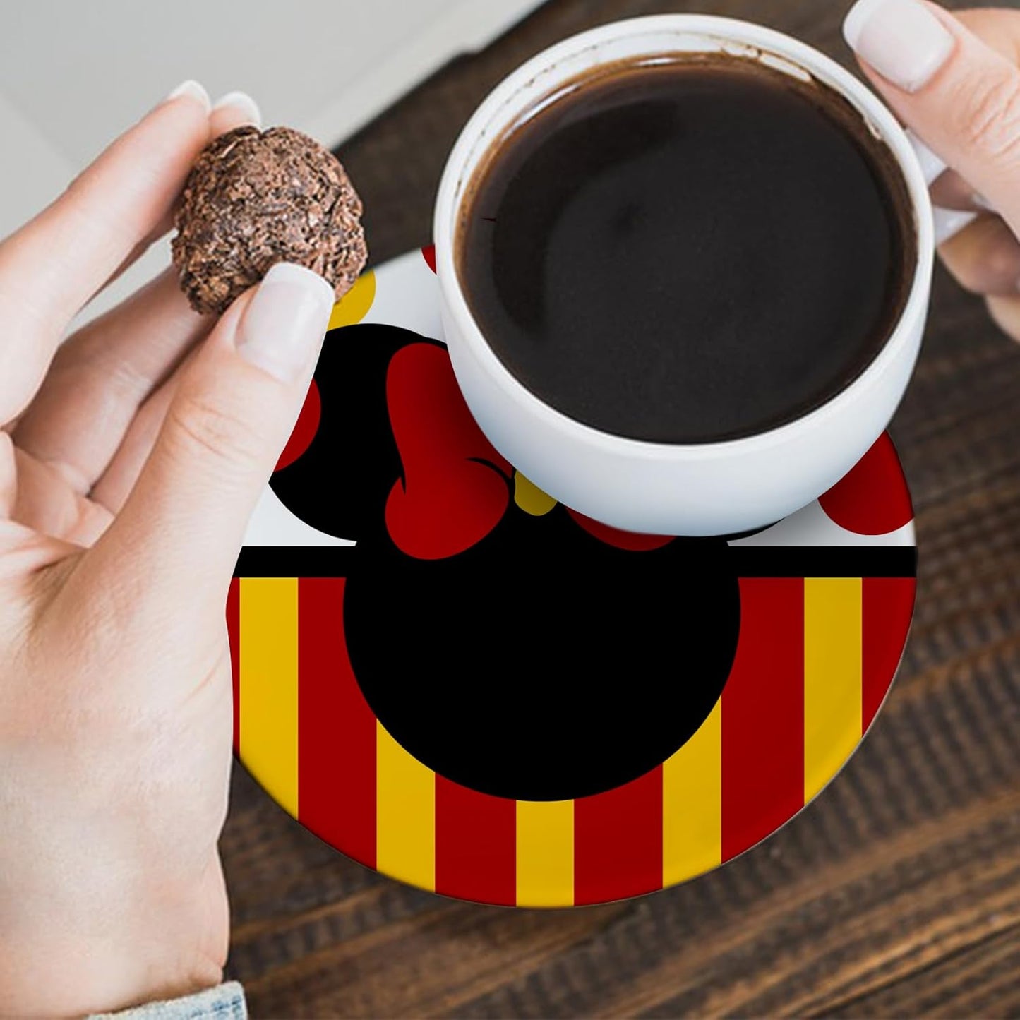 Cute Drink Coasters with Holder Set of 6, Red Yellow Absorbent Ceramic Cup Mat for Coffee Table Protection, 4 Inch Polka Dot Stripes Home Kitchen Decor Housewarming Gifts