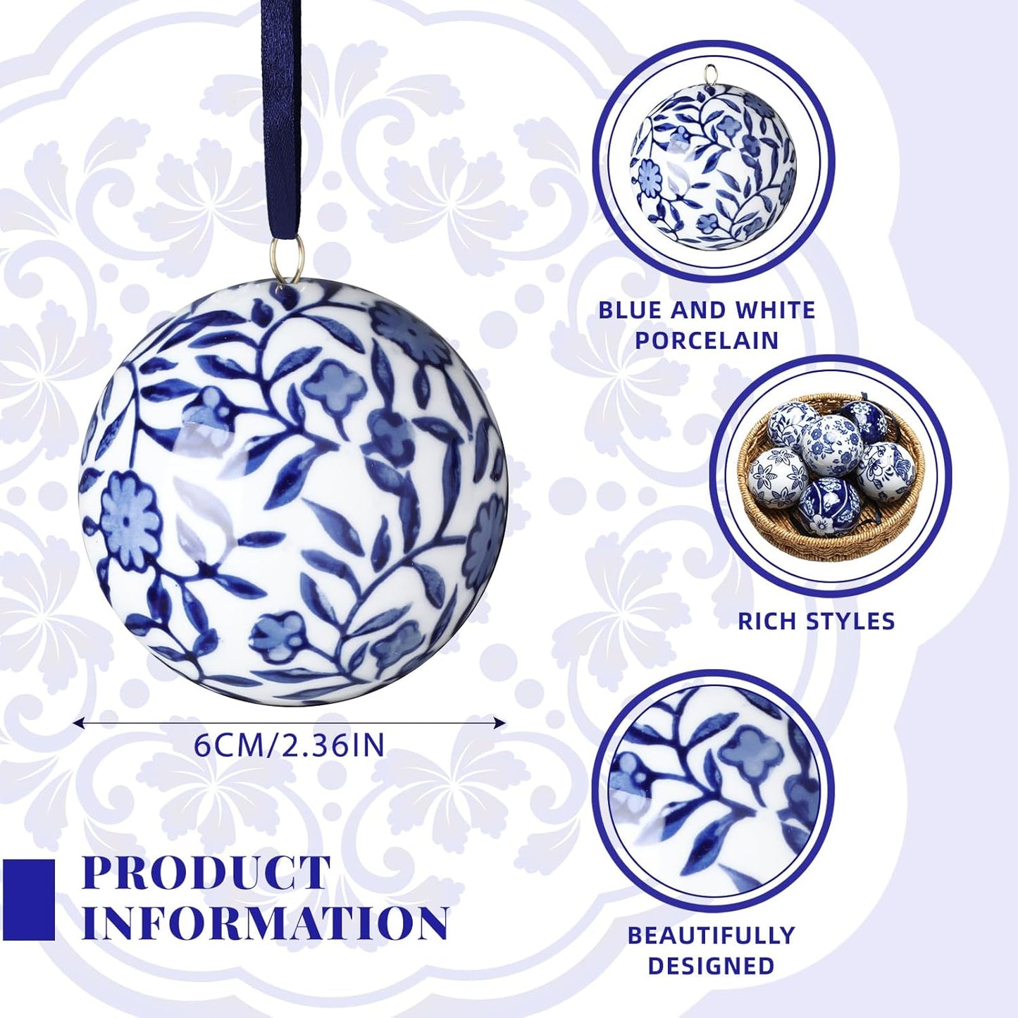 Cindeer 6 Pcs Blue and White Christmas Porcelain Balls 2.4 Inch Porcelain Chinoiserie Ornament Bulk Christmas Ceramic Hanging Decorative for Tree Home Xmas Party (Novelty Style)