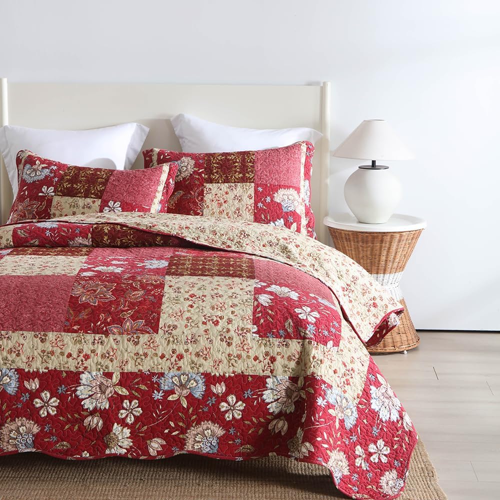 Cotton Bedspread Quilt Bedding Sets 3 Pieces Reversible Coverlet Sets Comforters Vintage Floral Patchwork Purple Red Bedspread, Queen Size