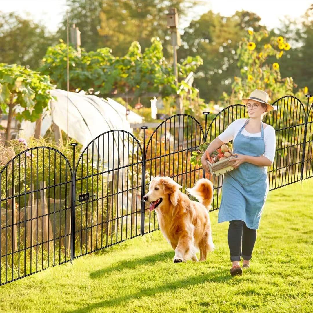 Tall Garden Fence Animal Barrier, 32 in(H) x8.8 Ft(L) 4 Panels Garden Fence with Gate, Dog Fence Outdoor for Yard, Arched Rustproof Metal No Dig Fences for Dogs, Flower Bed Fencing
