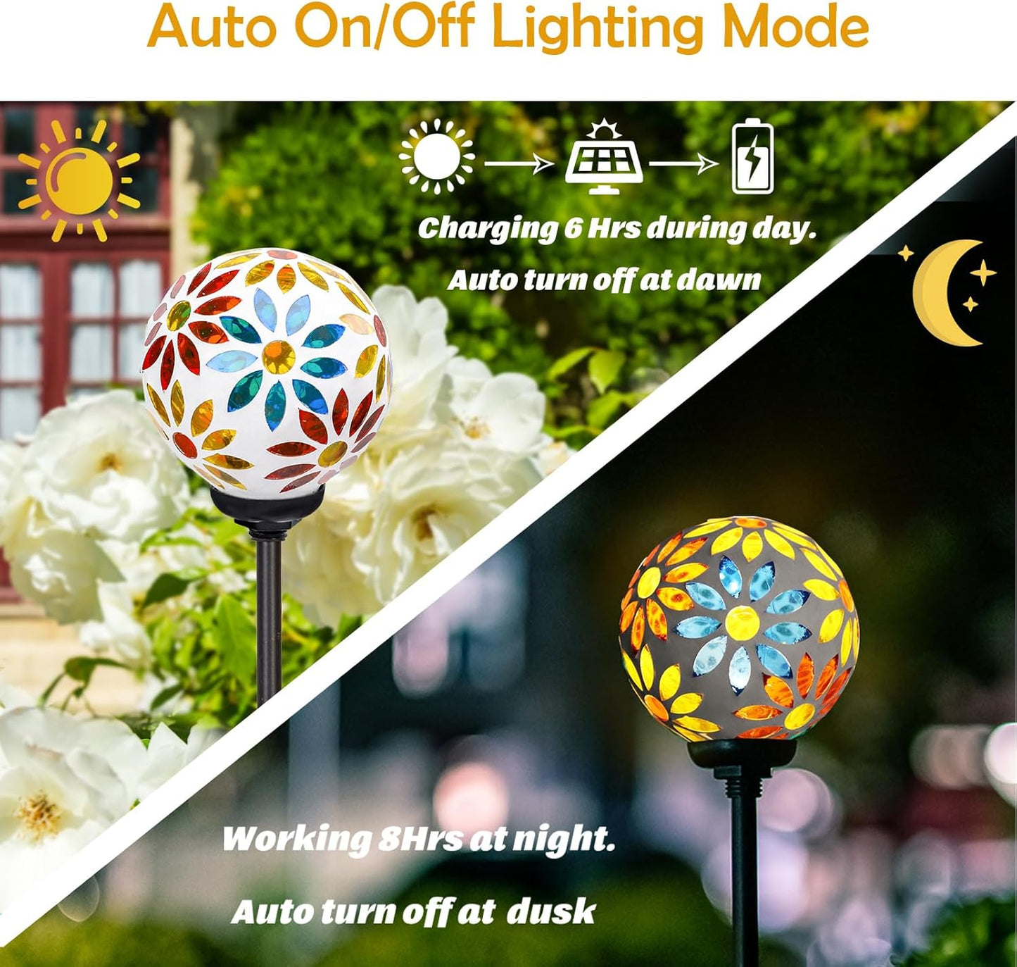 Afirst Solar Lights Outdoor Decorative - Solar Gazing Ball Mosaic Garden Stakes Flower Decorative Lights Waterproof for Pathway Yard Lawn Decoration Yellow