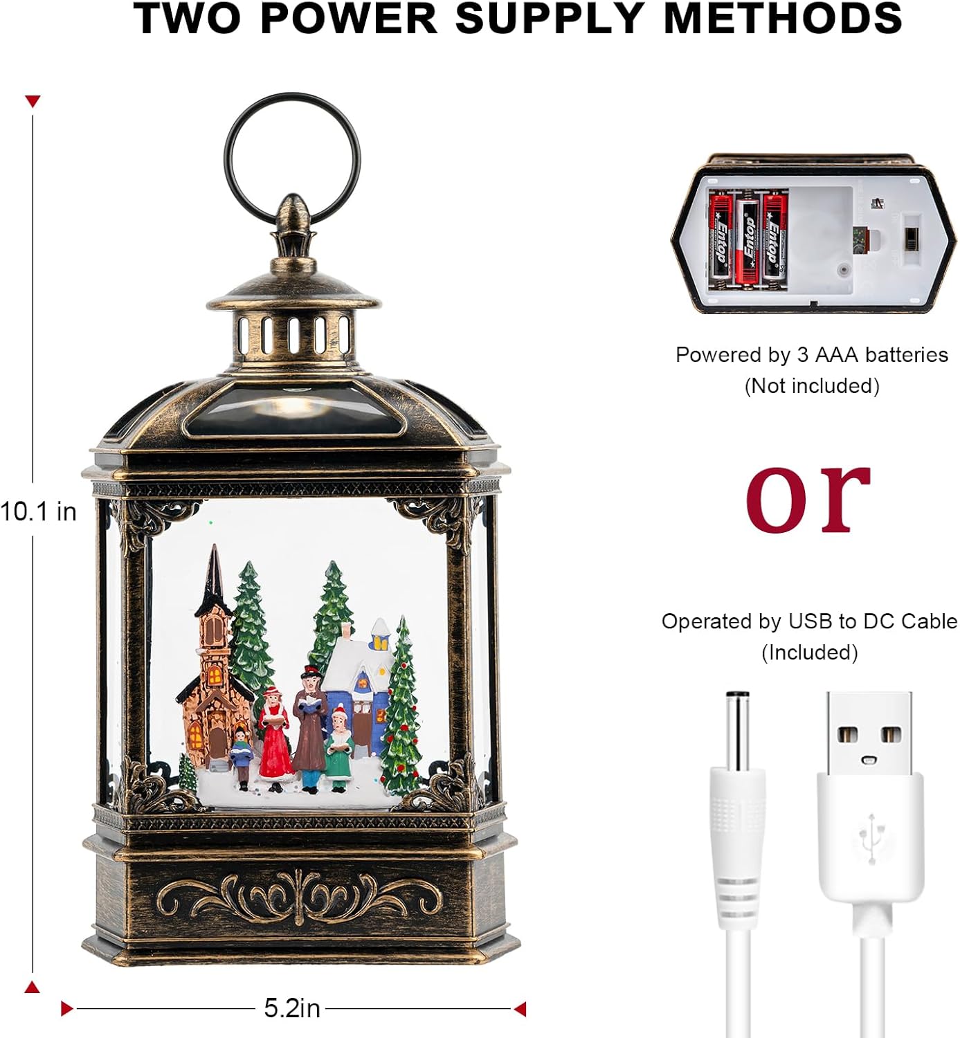Christmas Snow Globe Lantern Water Glittering Town Home with Carolers, Music & Timer, USB Lined/Battery Operated Lighted Lantern for Christmas Festival Decoration Gifts