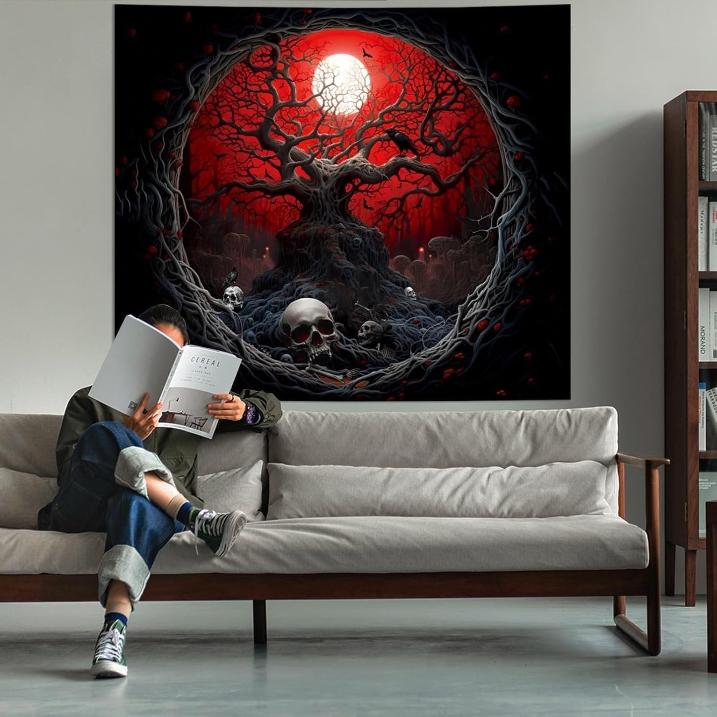 Atrippy Halloween Black Red Anime Tapestry, Gothic Dark Forest Moon Wall Hanging, Nature Skull Withered Tree Landscape Tapestries for Bedroom Living Room Men Dorm 60x 79 Inches