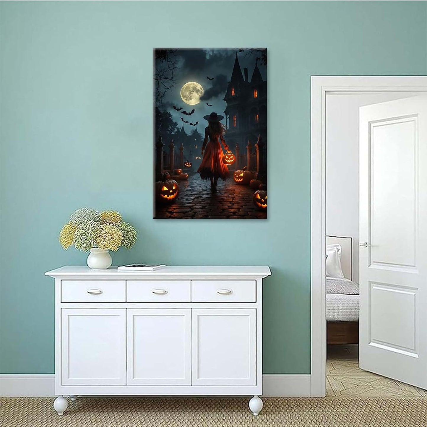 JFHCQJPK Halloween theme poster moonlit autumn night witch vintage poster art print dark college style gothic painting canvas wall decoration bedroom living room ideal gift24x36in Frameless