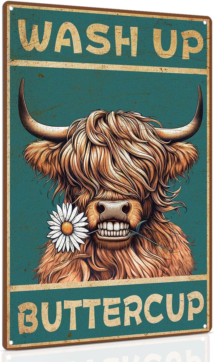 ALKB Highland Cow Sign Bathroom Wall Cow Painting for Western & Highland Cow Lovers - Funny Wash Up Sign 8 x 12 Inch
