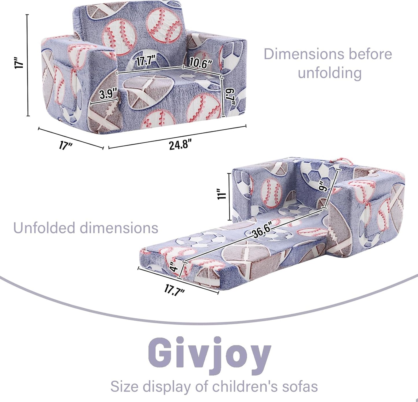 Toddler Chair Kids Couch, 2-in-1 Toddler Soft Sherpa Couch Fold Out Armchair Glow in The Dark with Removable Cover, Convertible Reading Chair Toddler Sofa for Kids, Football