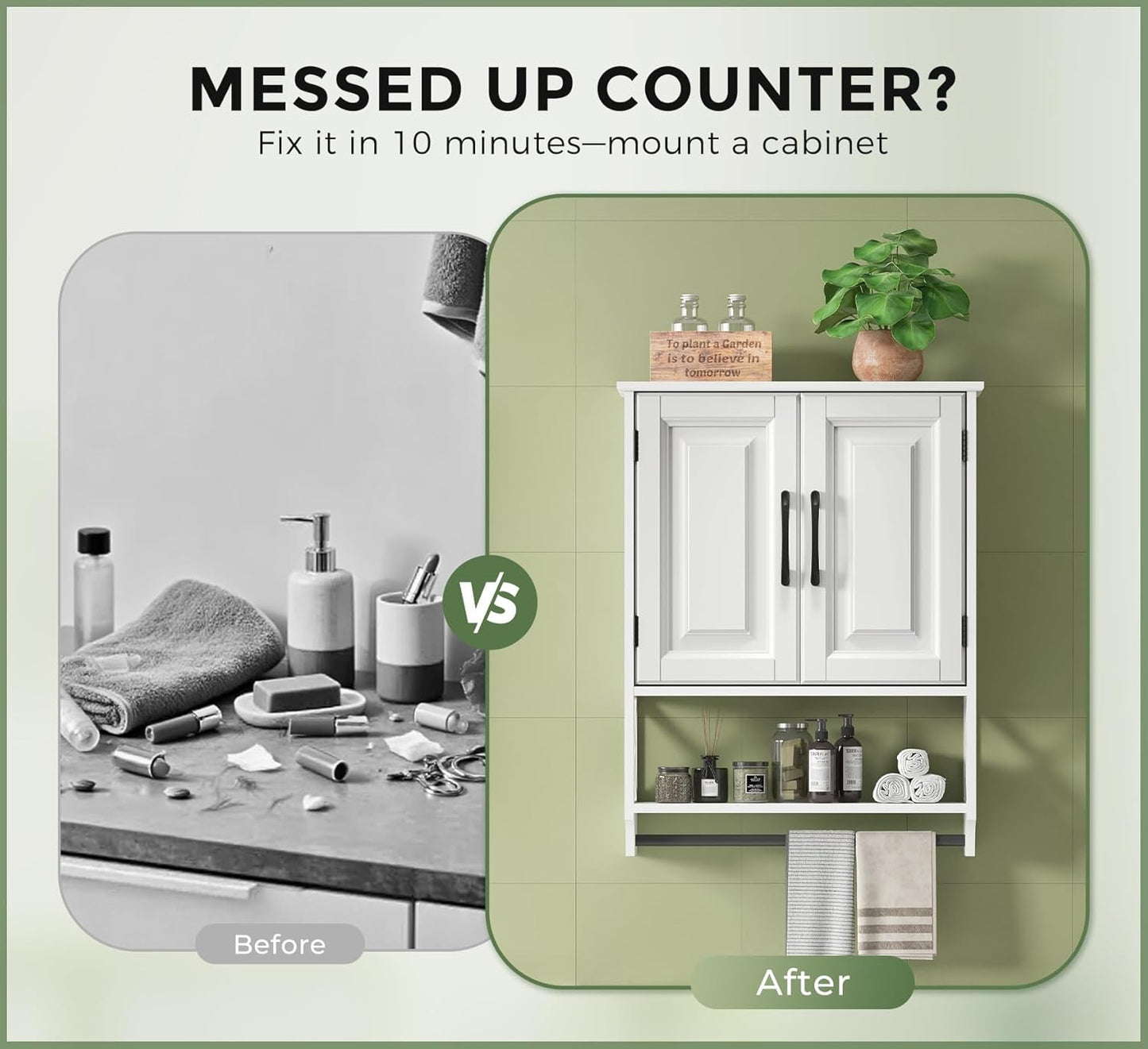 Bathroom Cabinet Wall Mounted, White Bathroom Wall Cabinets with Towel Bar and 2 Doors, Wooden Medicine Cabinet with Adjustable Shelf, Open Storage