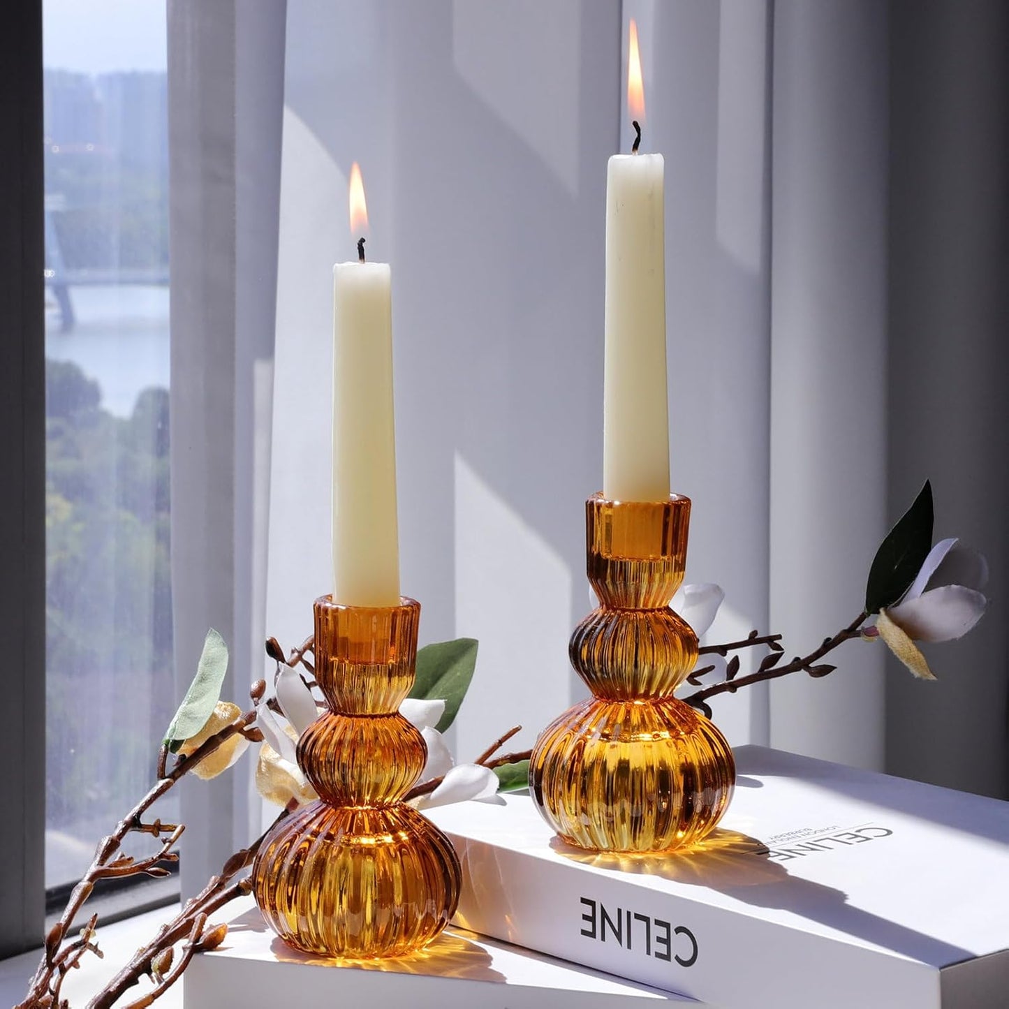 Woho Amber Taper Candle Holders 4.3" H for Halloween/Thanksgiving Decorations, Set of 3 Ribbed Glass Candlestick Holders Vintage for Fall Wedding, Boho Candle Sticks Holder Decor for Dining Table