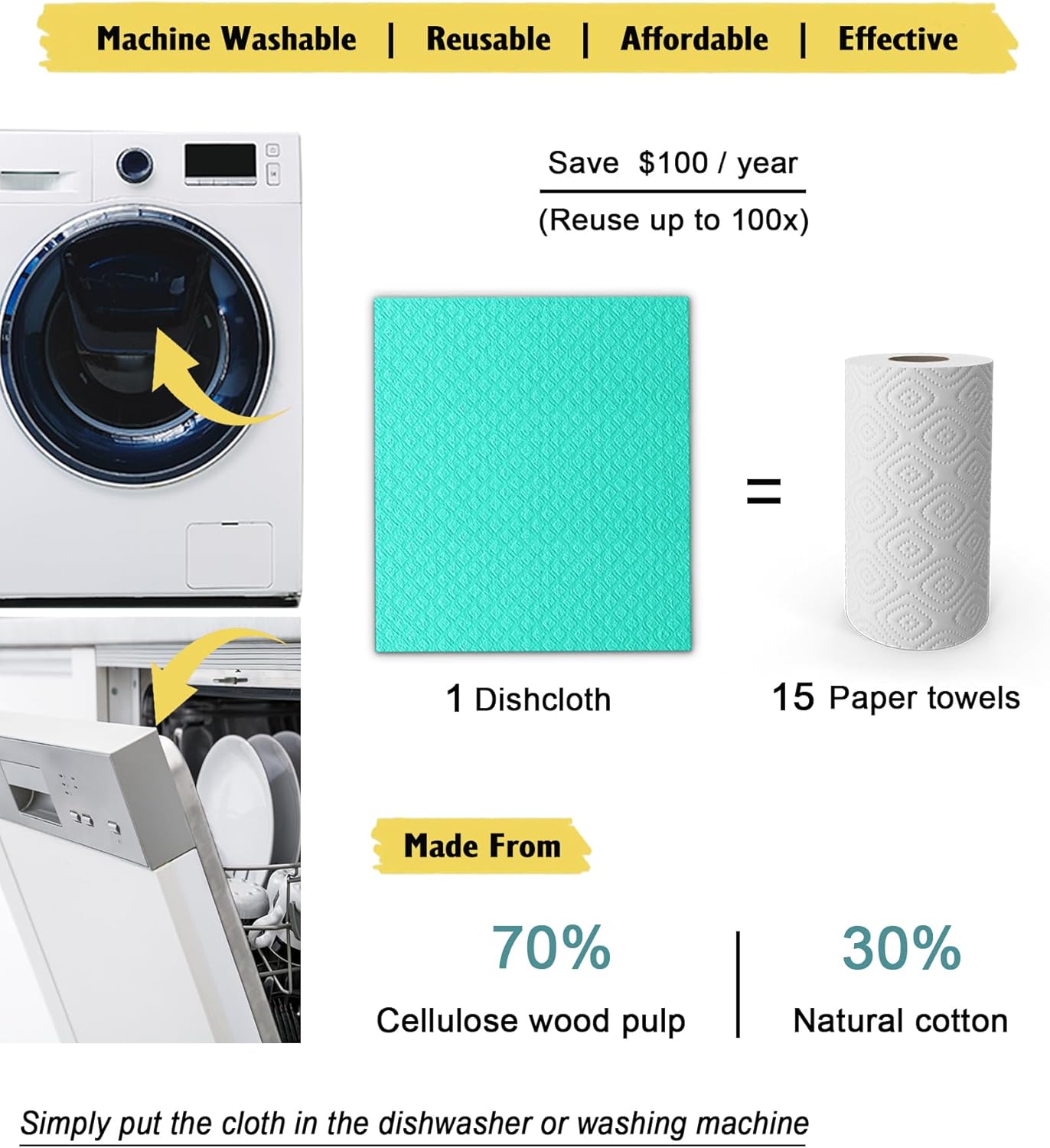 Swedish Dishcloths for Kitchen | 6 Pack Absorbent Cellulose Sponge Cloths Washable | Non-Scratch Reusable Paper Towels Quick Drying Cleaning Cloths - Green