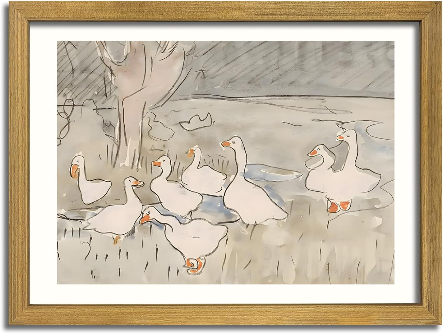 Vintage Framed Goose Wall Art Watercolor Print, Rustic Farm Duck Decor Canvas Painting, Minimalist Pastoral Poster Picture, Country Cottage Wall Decor for Living Room Kitchen Bathroom Bedroom 12x16 in