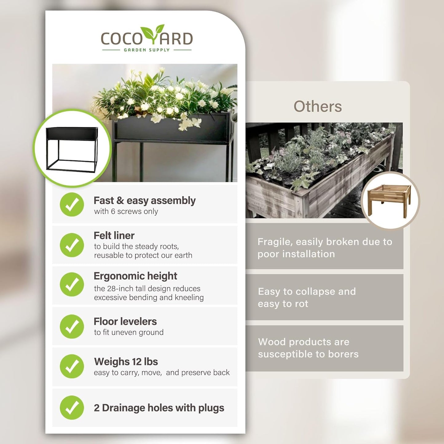 Cocoyard Elevated Planter Box - 28 Inch Durable Raised Garden Bed for Herbs and Flowers - Stylish Tall Rectangular Planter for Outdoor Plants for Patio Decor & Backyard Gardening