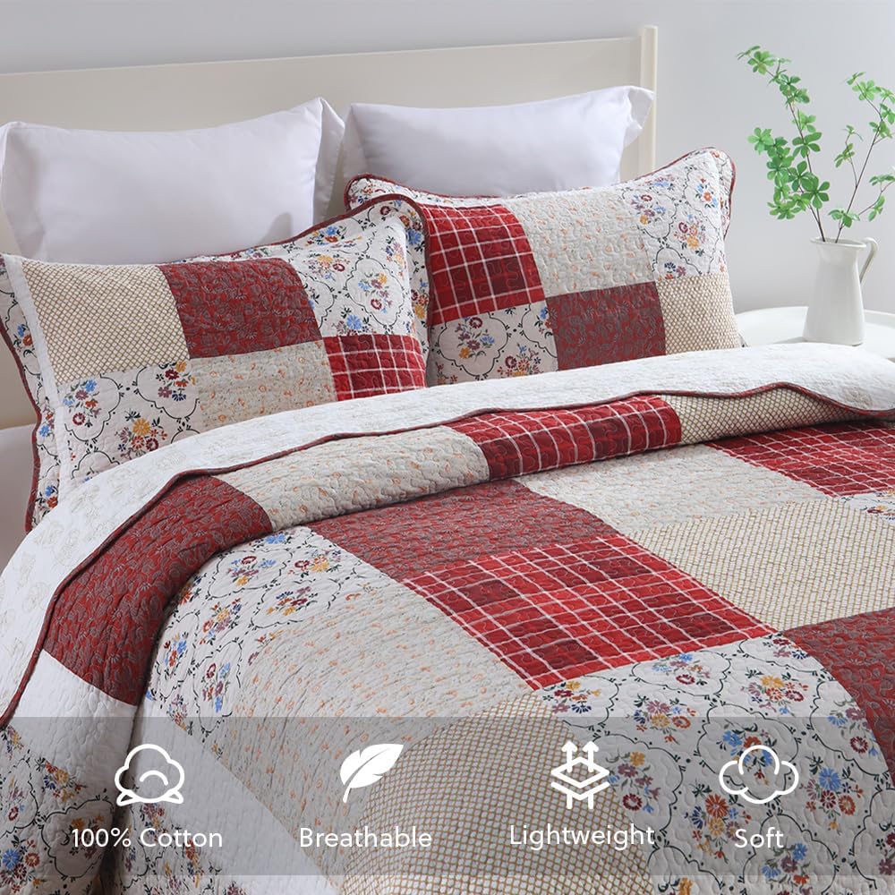 Cotton Bedspread Quilt Bedding Sets 3 Pieces Reversible Coverlet Sets Comforters Vintage Red White Rose Floral Patchwork Bedspread, Queen Size