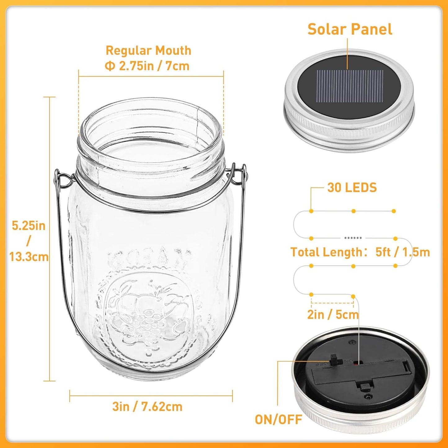 GIGALUMI Solar Mason Jar Lights, 8 Pack 30 Led String Fairy Lights Garden Lights Outdoor Waterproof Metal Lid Hanging Solar Lanterns for Outdoor, Garden, Patio, Lawn, Balcony Decoration