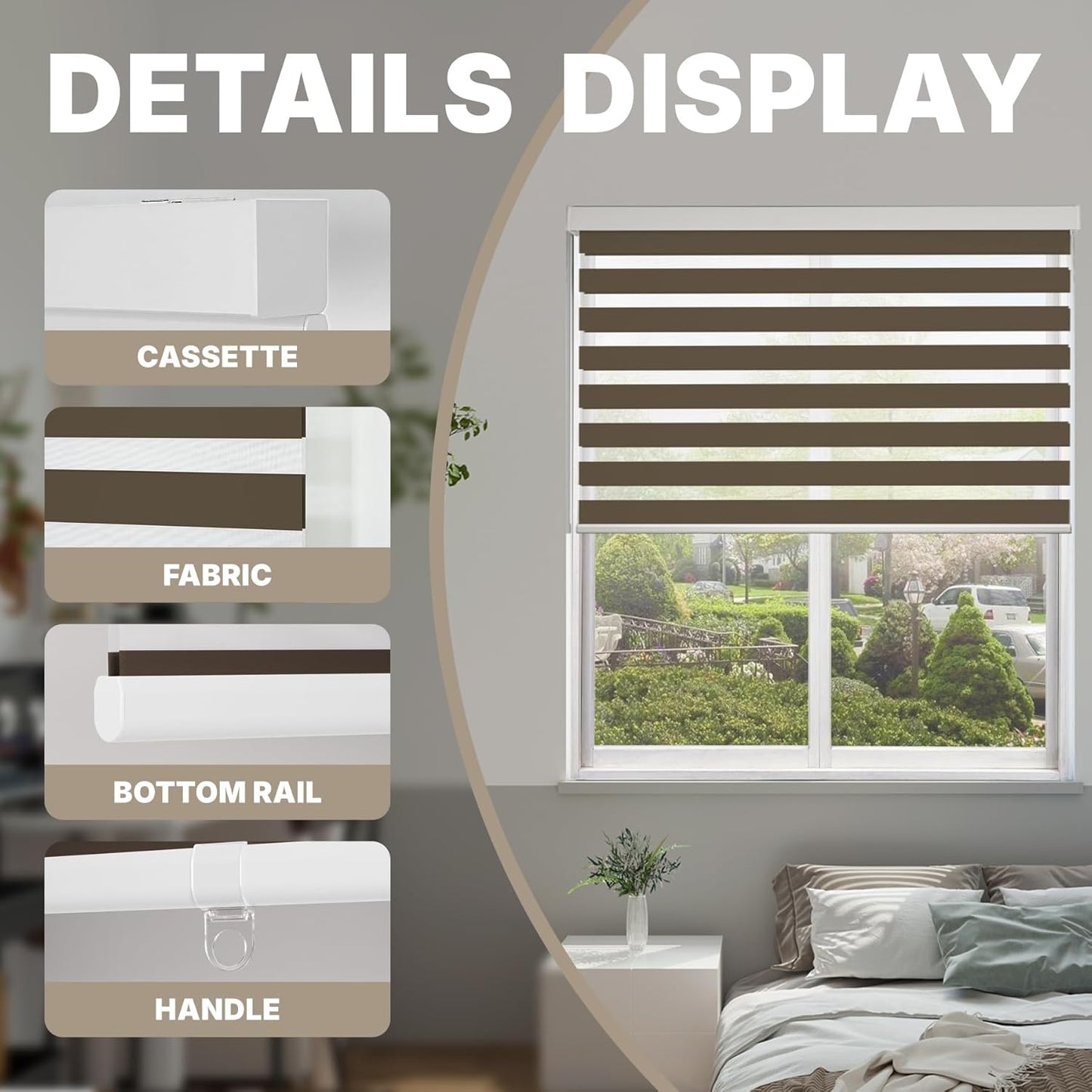 HESTIA Cordless Zebra Blinds Light Filtering Roller Shades UV Blocking Blackout Privacy Indoor Window Shades for Home Office Day and Night, Brown,49" W x 48" H