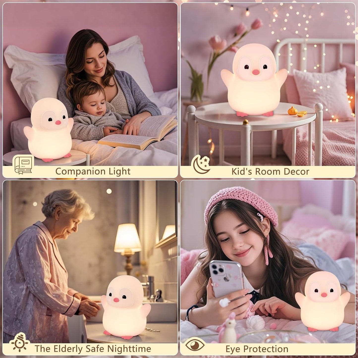 Pink Penguin Night Light,Food Grade Soft Silicone Nursery Nightlight for Baby,LED Squishy Novelty Animal Bedside Lamp,Rechargeable/Dimmable/Timer,Funny Gifts for Kids Girls Adults Teens