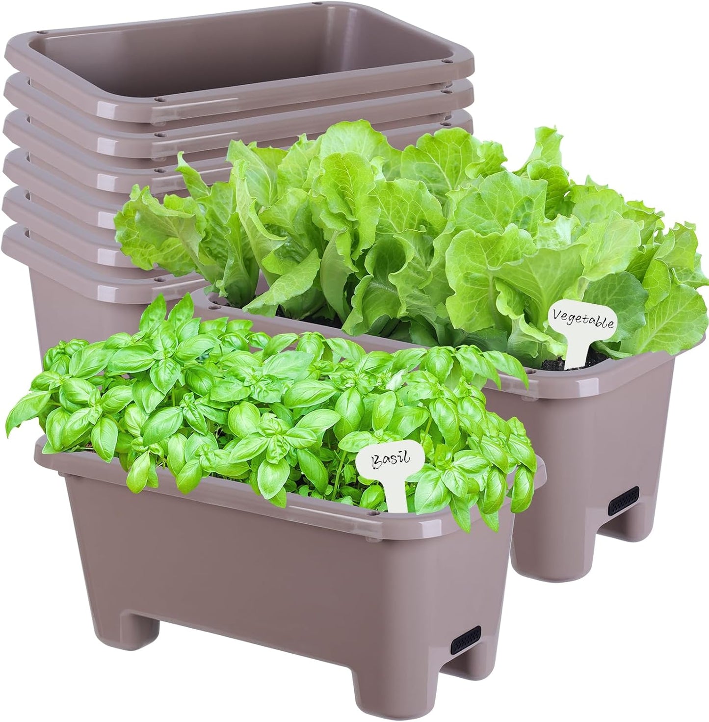 Self-Watering Rectangle Planter Boxes 8-Pack, 15.7-Inch Window Box Planter with Drainage Holes & Trays, Pots for Vegetables, Herbs, Flowers, Garden Windowsill Balcony (Coffee, 15.7*8.3*7.1 inch)