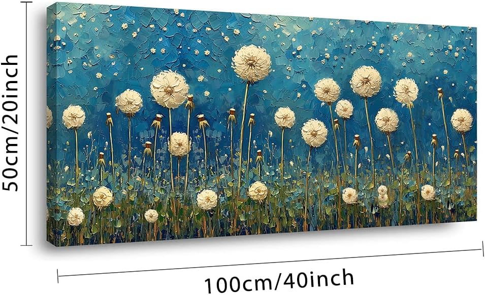 LASMOND Teal Dandelion Wall Art for Living Room Abstract Blowball Canvas Painting Prints Large Flower Floral Grassland Bedroom Decoration Modern Artwork Decor (40x20 Inches)