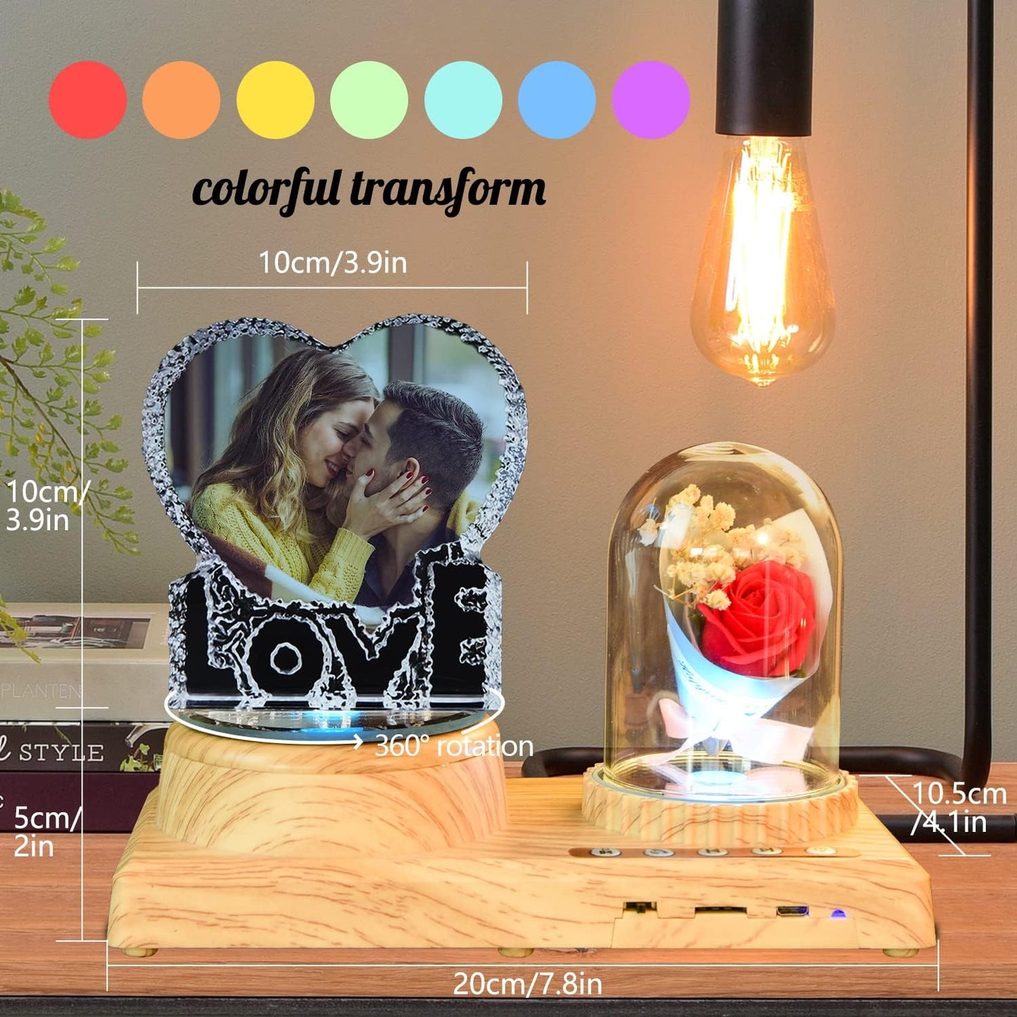 3D Crystal Photo, Heart-Shaped Love Photo Custom Night Light Personalized 3D Crystal Lamp with Bluetooth Rose Audio, Crystal Photo Frame Best Gift for Couple Love Women Men Wedding Christmas
