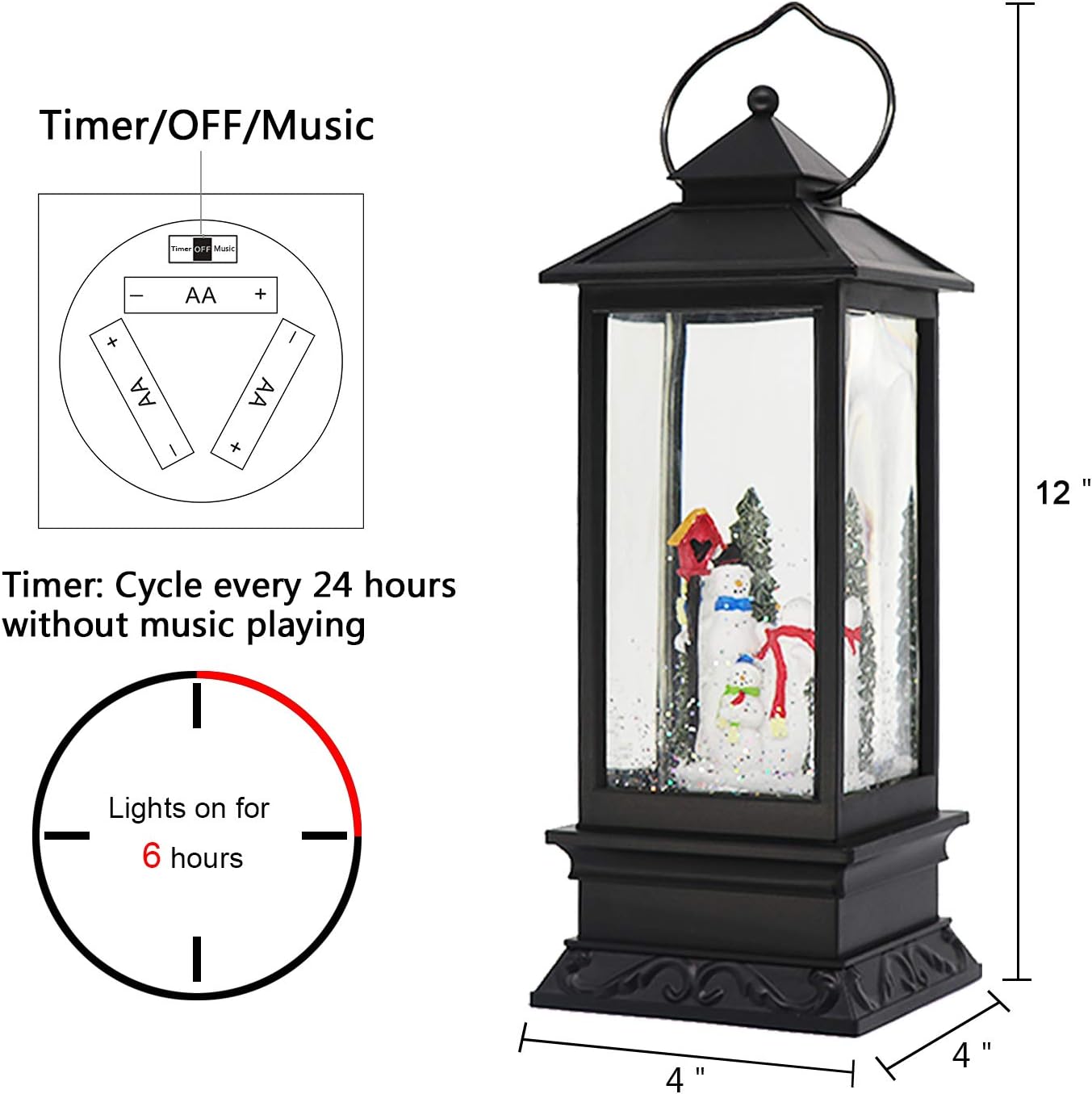 Eldnacele Christmas Snow Globe Lantern with Music, Battery Operated Lighted Swirling Glitter Water Lantern with Timer for Christmas Home Decoration, Snowman