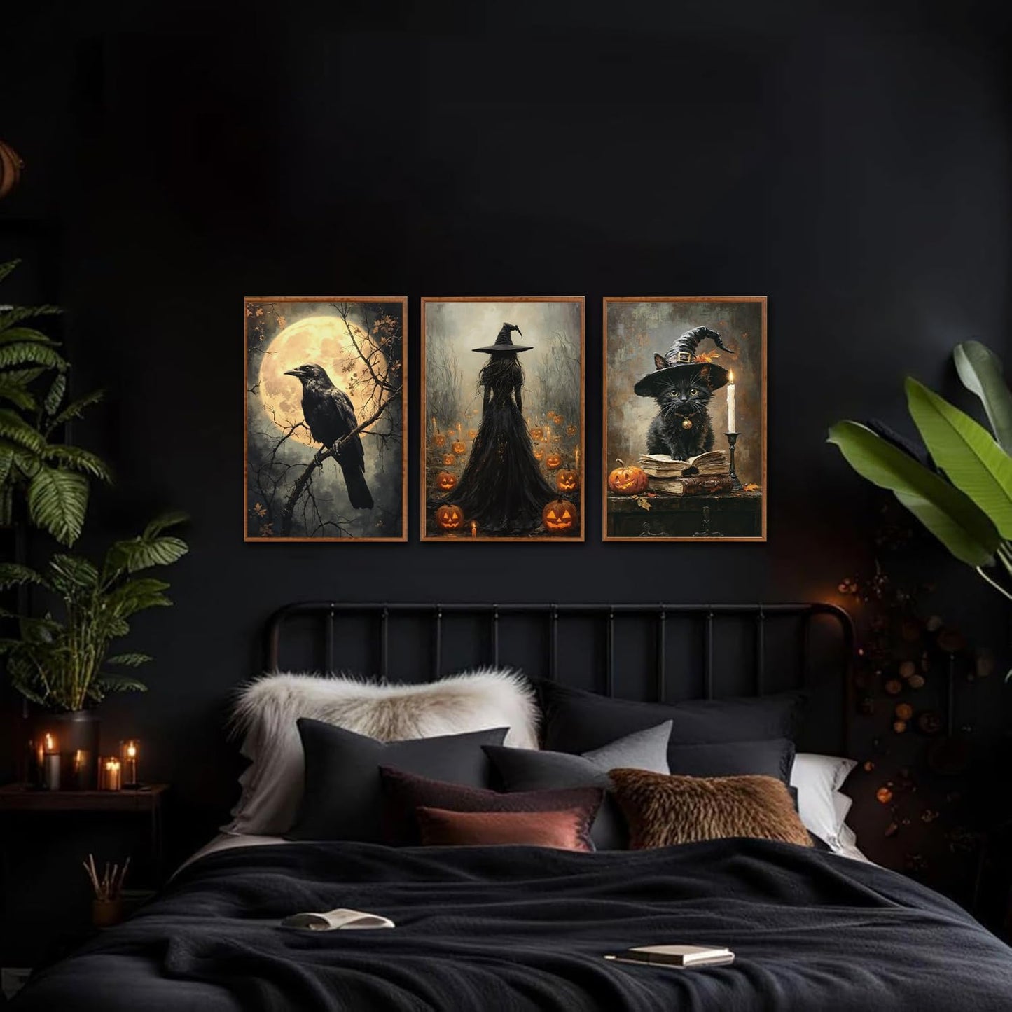 KAIRNE Framed Halloween Canvas Wall Art,Dark Witch Crow Prints,Black Cat Painting,Horror Gothic Pictures Set of 3 (16”X24”),Scary Halloween Wall Decor for Party Living Room Bedroom Office Decoration