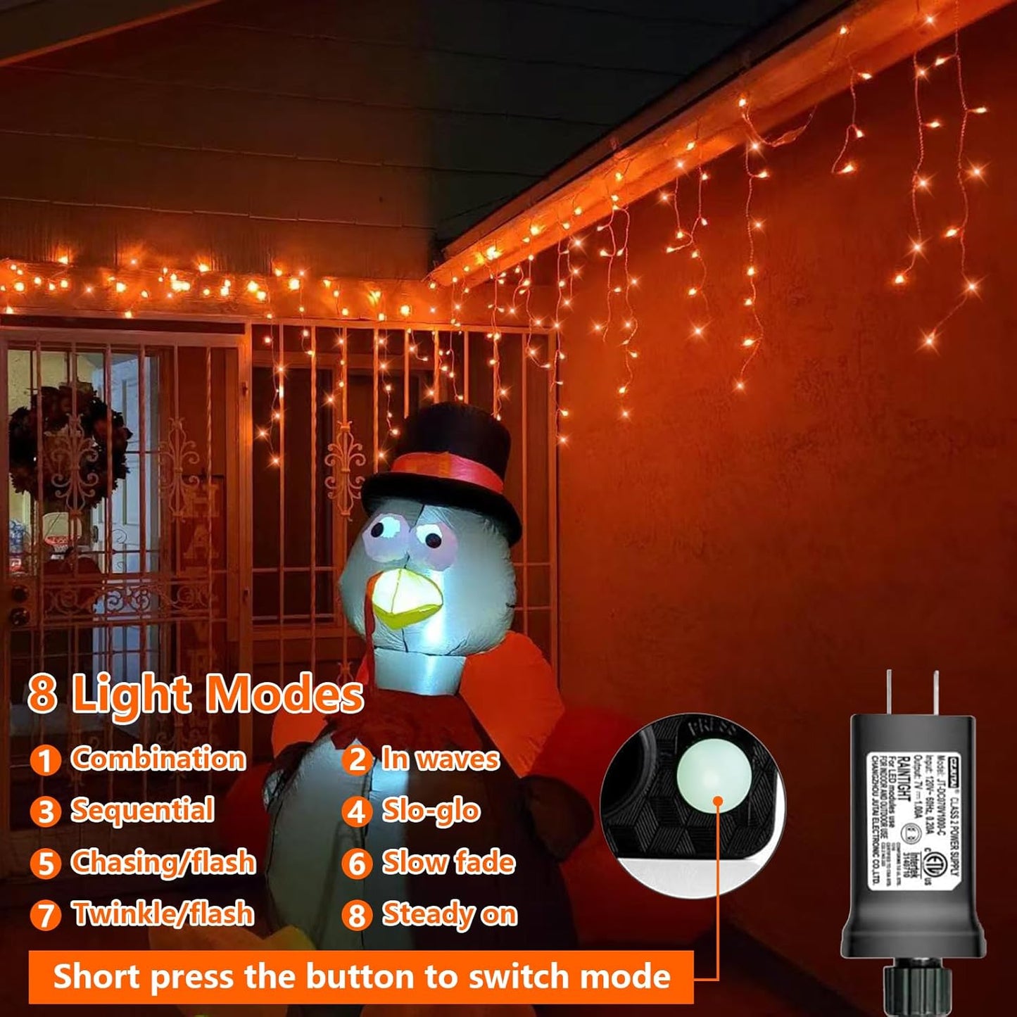 YEGUO 33ft 400 LED Orange Halloween Lights, Connetable Icicle Light Outdoor Waterproof, 8 Modes Christmas Lights Indoor Plug in for Thanksgiving House Patio Fall