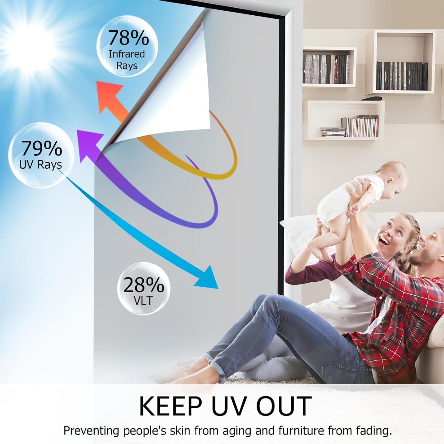 HIDBEA One Way Privacy Window Film, Daytime Privacy Sun Blocking Anti UV Reflective Window Film Heat Control Static Cling Window Tint Film for Home and Office, Silver, 29.5 x 78.7 Inch