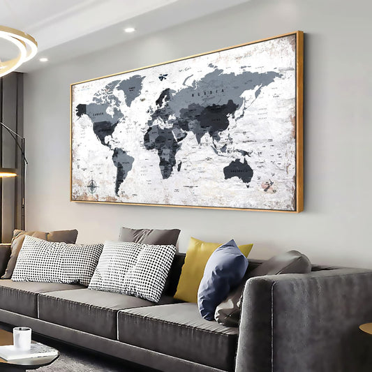 Framed wall art World Map Wall Art Canvas Picture 20inchx40inch Large Black and white Map of The World Canvas Painting Artwork Prints for Office Wall Decor Home Living Room Decorations Framed Ready to