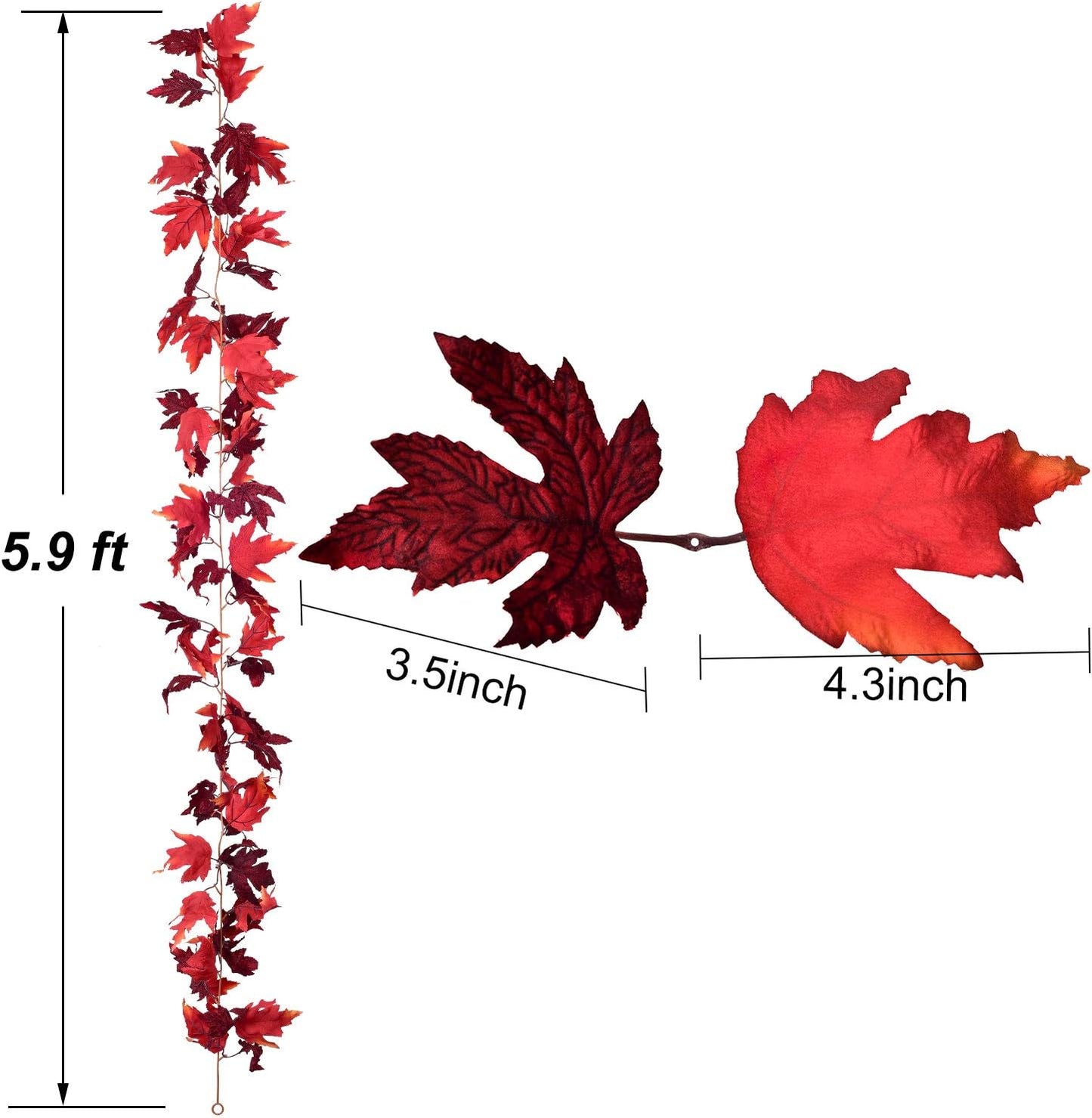 Lvydec 2 Pack Maple Leaves Fall Garland - 5.9ft/Strand Artificial Foliage, Red Fall Leaves Autumn Decoration for Home, Wedding, Party, Halloween, Thanksgiving