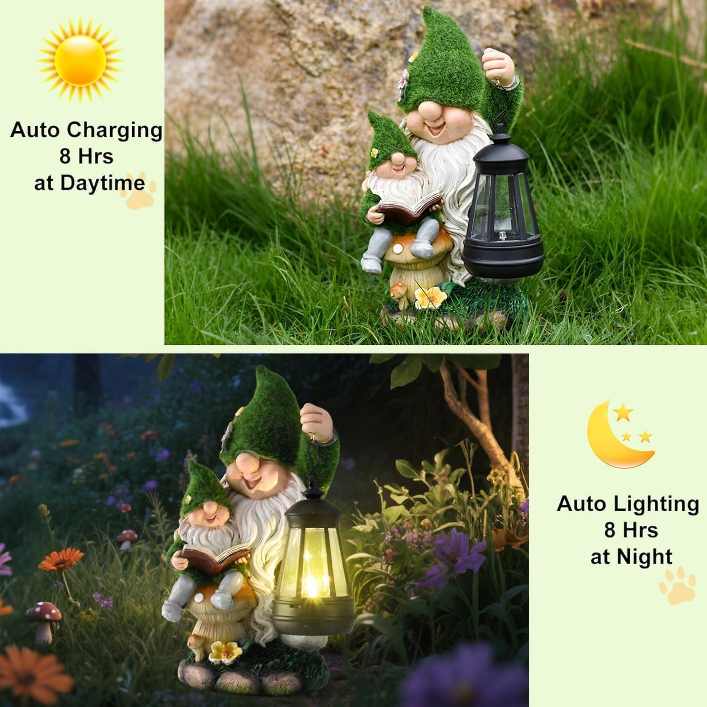 Solar Garden Gnome Statue Flocked Reading Parent & Child Gnomes with LED Light, Outdoor Waterproof Lawn Ornament Decor for Patio Lawn Yard Pathway Gift Idea for Women Mom Mothers Day