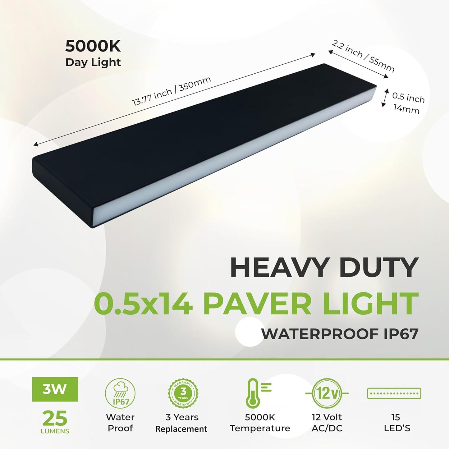 LUMENGY Paver Light Slim 0.5x14 Inch Glare-Free Steel Brick Lighting for Pavers, Walls, Driveway & Pathway Borders 5000K Warm White, Waterproof, Drive-Over Rated - 12V AC/DC
